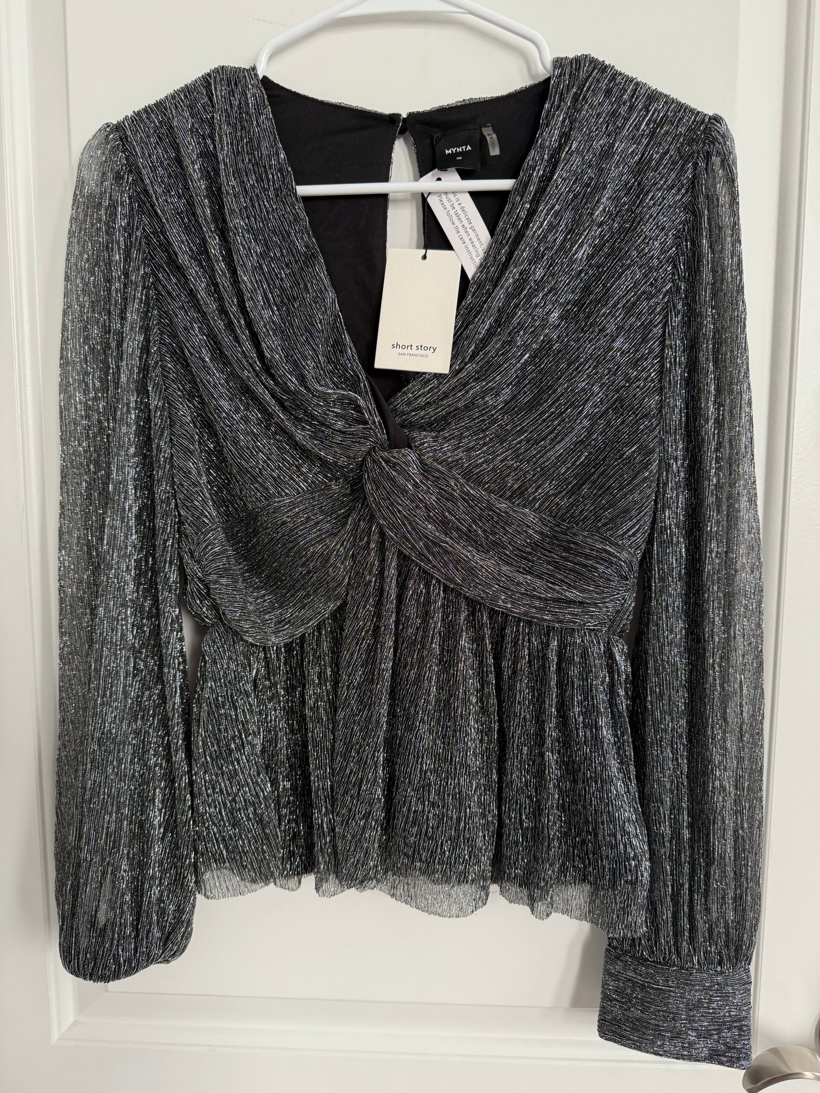 Monta Avril Metallic Top in Black Silver size Medium Petite Short Story Box