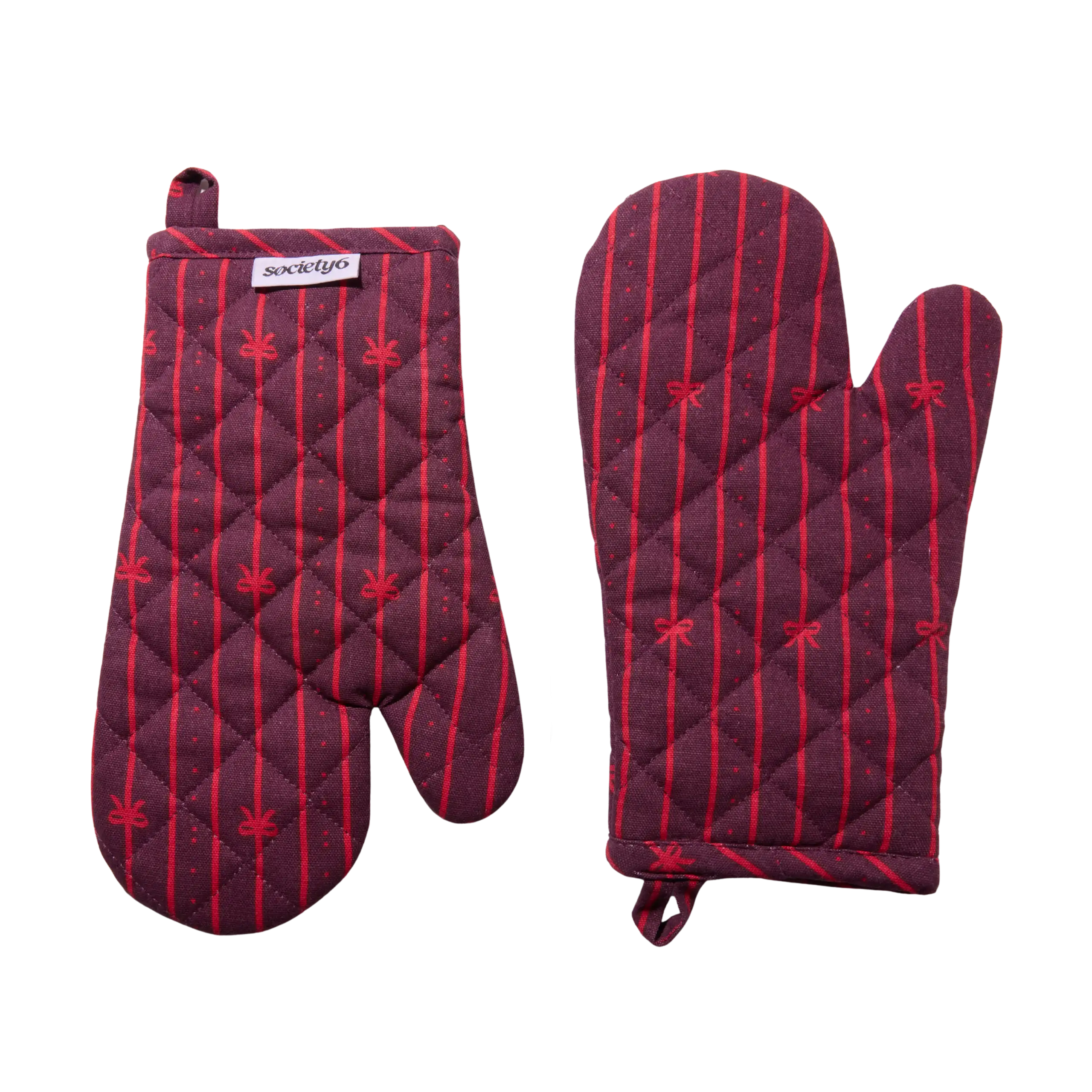 Society6 Burgundy Bow Striped Oven Mitts